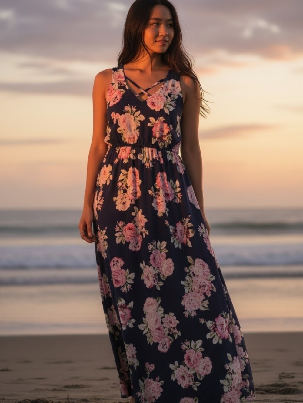 Three Hearts Navy Maxi Dress with Pink Floral Accents In EUC.
